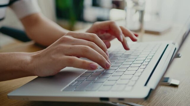 Hands actively typing on laptop keyboard. Fingers pressing keys while entering text. Focused motion, engaged in work. Modern workspace with glass of refreshing drink in background.