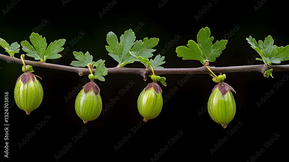 Poster macro shot of green berries with leaf on a branch with dark background