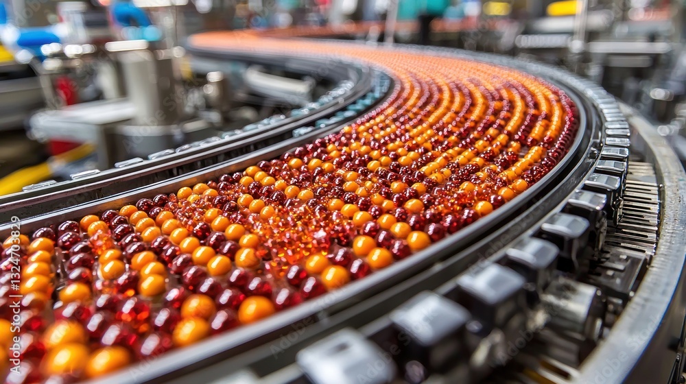 Poster automated production line with shiny colorful spherical sweets conveyance