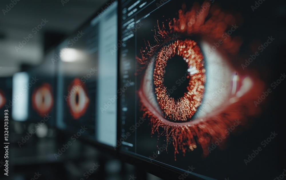 Poster detailed digital eye rendering on multiple computer screens