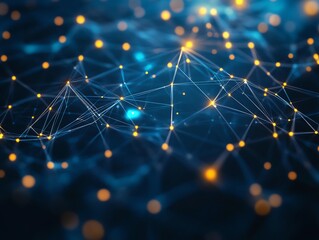 Abstract digital network connections forming geometric patterns on a dark blue background Conceptual design of technology and communication 3D Rendering