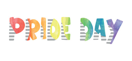 pride day text with split letters, partly grey striped, partly rainbow colored on white background