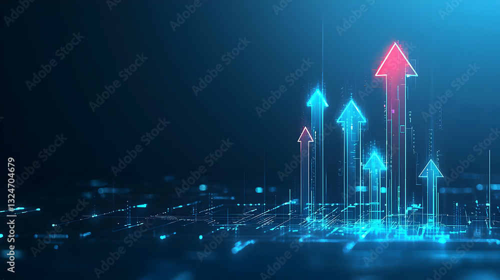 Poster blue and red digital arrows ascending from pixelated cityscape depicting business growth and progres