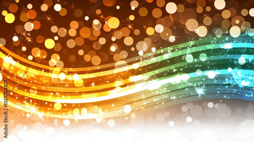 Poster vibrant abstract background with wavy lines and glittering bokeh effects in warm colors