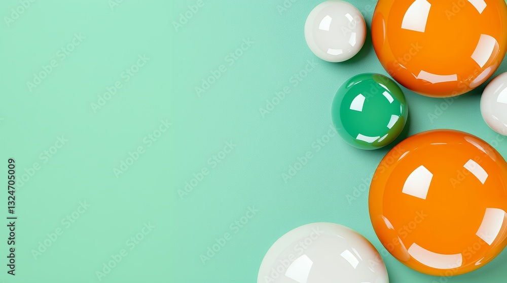 Poster abstract colorful droplets on a soft mint background with playful shapes and smooth surfaces