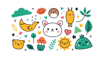 Adorable Kawaii Animals, Plants, and Nature Elements Illustration