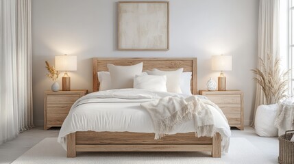 A cozy bedroom interior features a comfortable bed and bedside tables