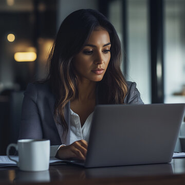 En su oficina moderna, una ejecutiva hispana lleva ropa c&oacute;moda pero profesional y trabaja en una computadora port&aacute;til. Hay una taza de caf&eacute; en su escritorio mientras revisa los documentos.