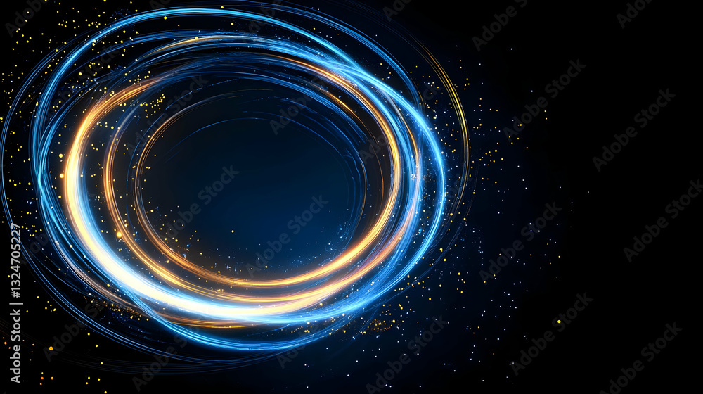 Poster glowing blue and gold light trails form a circular frame on a dark background with sparkling particl