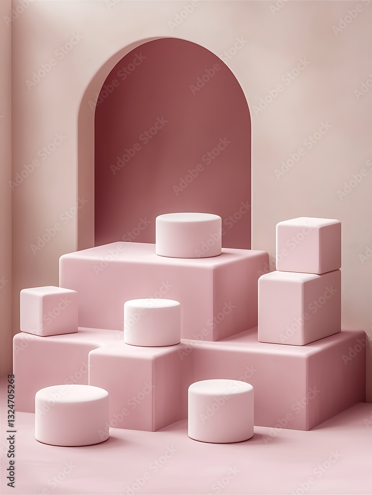 Poster elegant pink geometric forms composition in minimalist architecture space