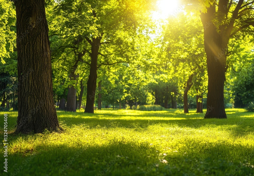 Aufkleber serene sunlight filtering through lush green trees in a tranquil park setting with vibrant grass ill