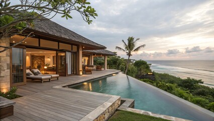 Fototapeta premium Tropical Luxury Villa: Infinity Pool, Ocean View, Thatched Roof, Twilight/Dawn Setting, Modern Design with Relaxing Island Atmosphere.