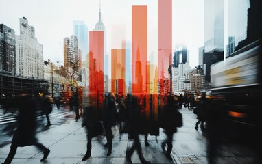 Obraz premium Urban Crowd Walking Amidst Abstract Bar Graph Overlay