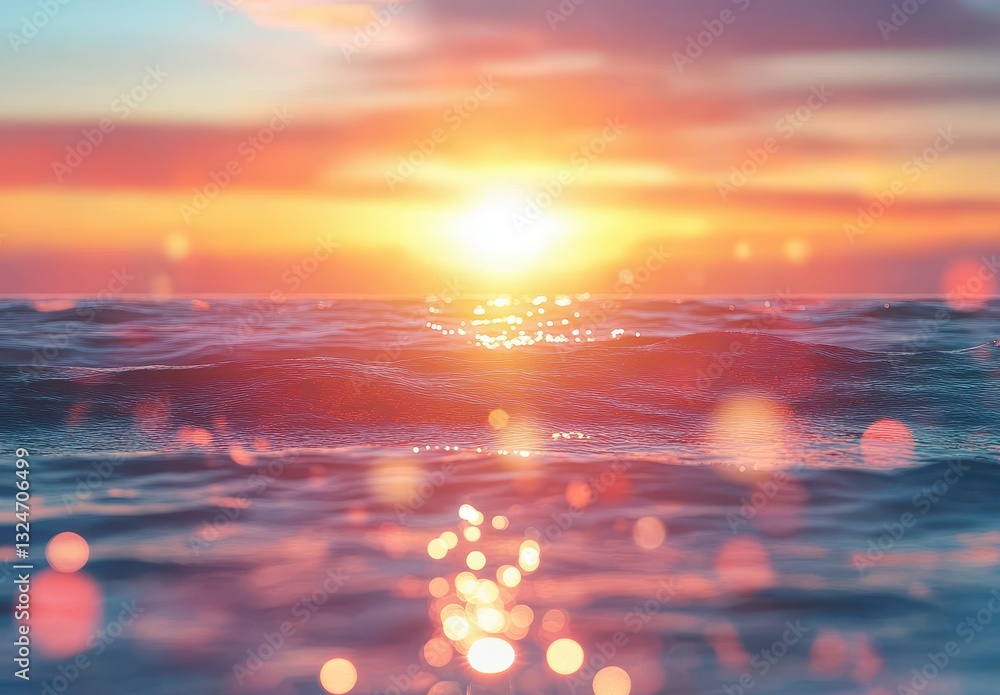 Poster serene sunset over ocean waves with glimmering light reflections and soft bokeh effect creating a dr