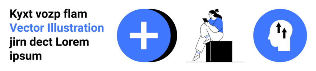 Woman reading book on a box, blue plus symbol, male head with arrows pointing upward. Ideal for education, self-improvement, healthcare, analysis, personal growth mental health teamwork. Landing