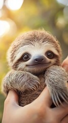 Fototapeta premium Adorable Cute Baby Sloth Being Held By Someone Very Fluffy And Photorealistic