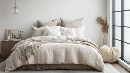 Luxurious bedroom interior design featuring a bed with neutral colored linens