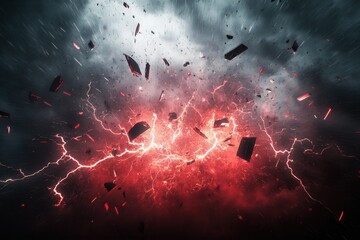Dramatic stormy sky with lightning bolts and shards of glass creating an intense cinematic atmosphere