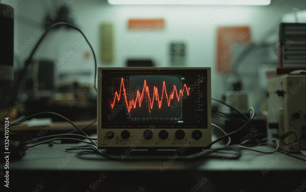 Poster oscilloscope displaying a red waveform in a dark laboratory setting