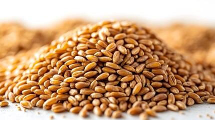 Fototapeta premium Raw Hulled Einkorn Wheat Grains Piled on a Crisp White Surface - Vibrant and Detailed Close-Up Perspective
