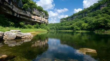 Fototapeta premium Lush Green River Flows Between Towering Cliff Sides Under Bright Blue Sky with Reflections