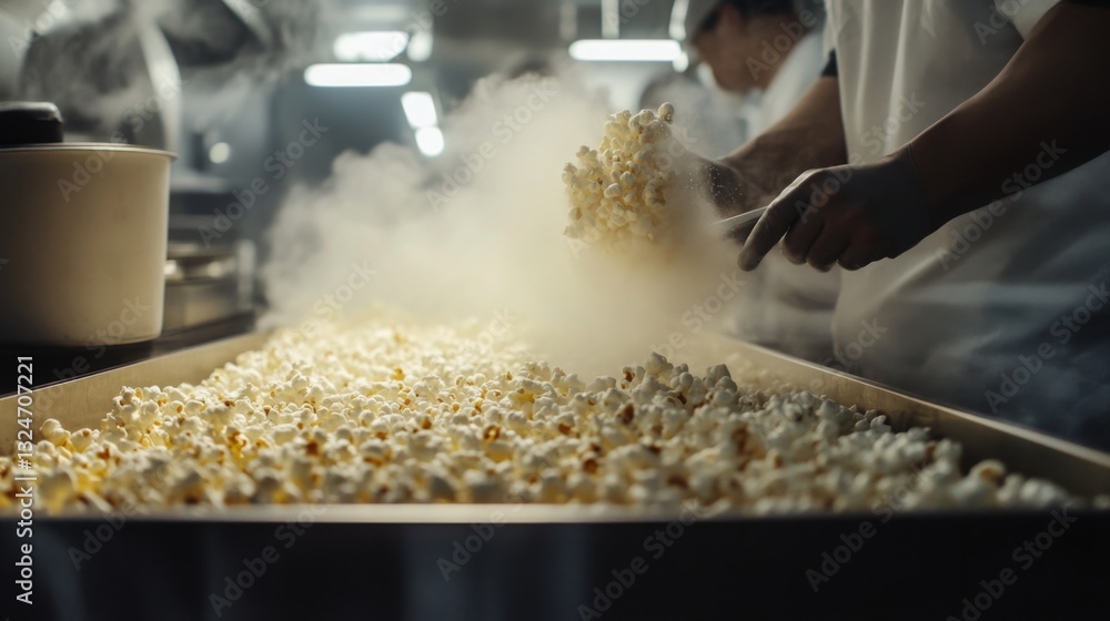 Fototapete workers are preparing large batches of popcorn in a food production facility. steam rises as they ha
