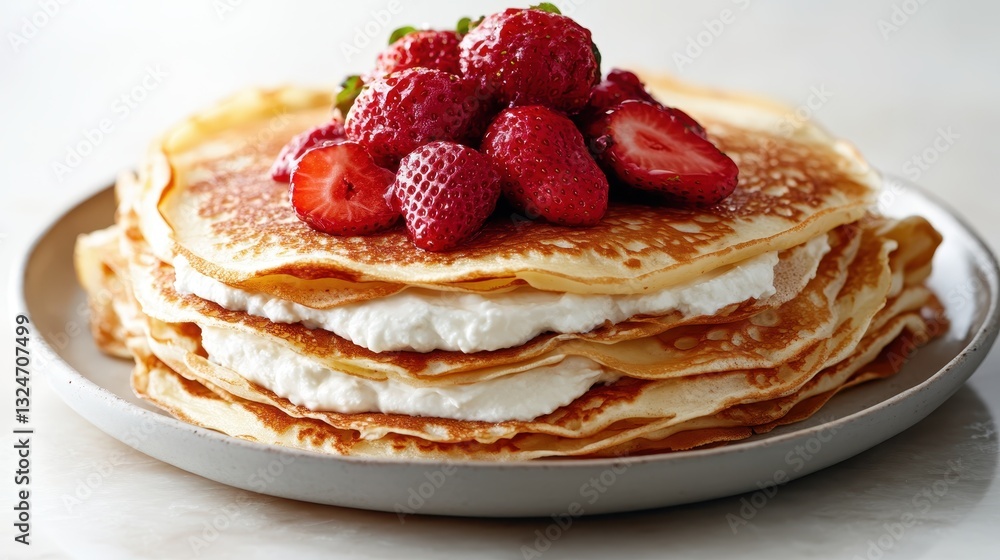 Poster an appetizing image of stacked crepes topped with fresh strawberries and whipped cream, creating a d