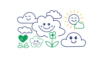 Happy Clouds, Smiling Sun, Flower, Nature, Cartoon, Illustration, Childlike, Cheerful, Simple,