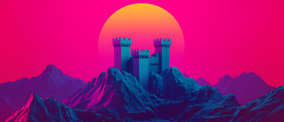Futuristic Castle Landscape Under Vibrant Sunset with Majestic Mountains Surrounding the Scene
