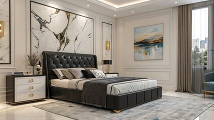 Bold luxury bedroom with black leather headboard, nightstand and abstract painting.