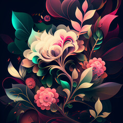 Abstrakcyjna ilustracja kwiatowa 3D – kolorowe kwiaty w pastelowych odcieniach, artystyczna kompozycja roślinna, bogaty wzór florystyczny, nowoczesna grafika cyfrowa, elegancka dekoracja z detalami