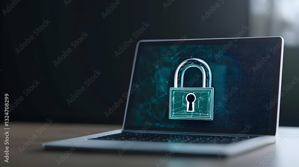 Poster cybersecurity and data protection with illuminated digital padlock on laptop screen protecting sensi