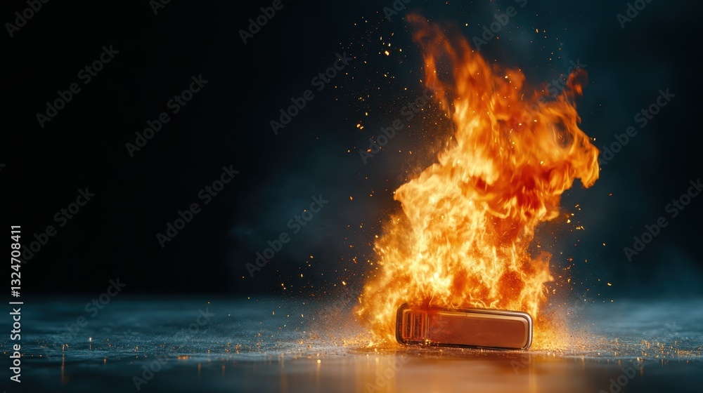 Poster a dynamic image capturing a device engulfed in flames, illustrating the raw power of fire and the dr