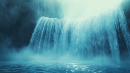 A beautiful waterfall cascading into a serene and misty lake
