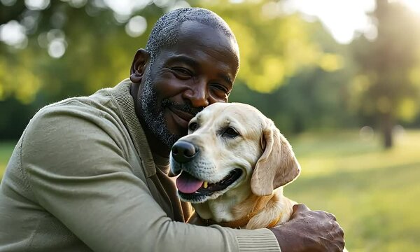Happy senior man embracing his labrador retriever in the park