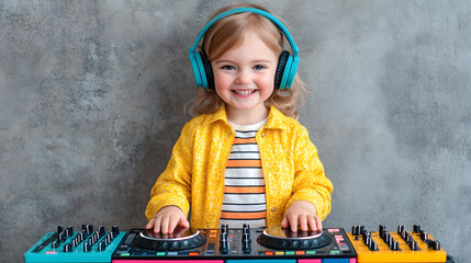 Happy Young Girl in Bright Yellow Jacket Using DJ Mixer with Headphones in Stylish Setup