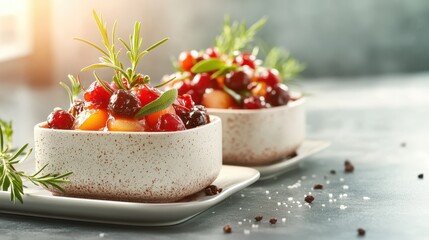 Captivating image of two elegantly presented cranberry dishes, garnished with herbs and spices, a beautiful representation of joyful holiday gatherings and flavor.