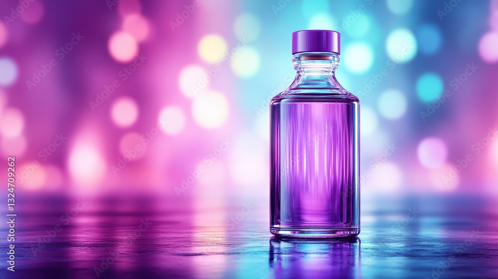 Poster an elegant glass bottle placed on a reflective surface, surrounded by vibrant bokeh lights, creating