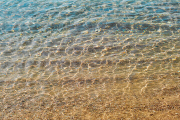 Soft blue ocean, sea wave on fine sandy beach surface abstract background. Blue water with ripples on the surface. Water waves with shining pattern texture background. Design element.