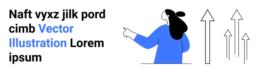 Person with black hair in blue top pointing left towards text, next to ascending arrows. Ideal for business growth, career advancement, success visualization, strategic planning, educational
