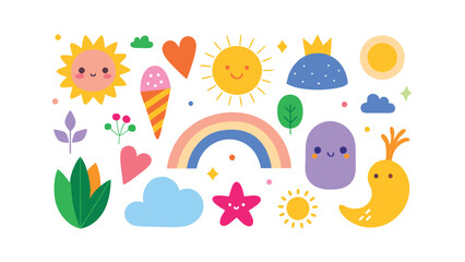 Cute Sun, Rainbow, Cloud, and Happy Character Illustrations