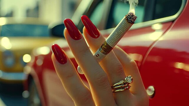 Elegant hand with red nails holding cigarette against vintage car background