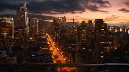 Aerial View of a City Skyline at Sunset