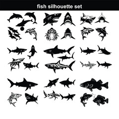 Naklejka premium Silhouette fish animal set, guess black shape of animal. Seafood meal, edible. Game for child. Fish icon set Set of salmon silhouette in line art style.Fish vector by hand drawing.Fish tattoo fish si
