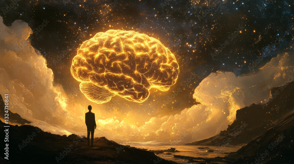 Poster shield and human brain. low poly abstract wireframe vector concept. mind propaganda protection. gold