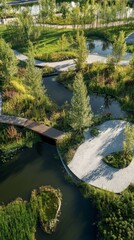 Fototapeta premium Aerial View of a Serene Eco Park with Wetlands and Lush Greenery