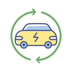 Electric car with circular arrows signifying eco-friendly, sustainable transportation