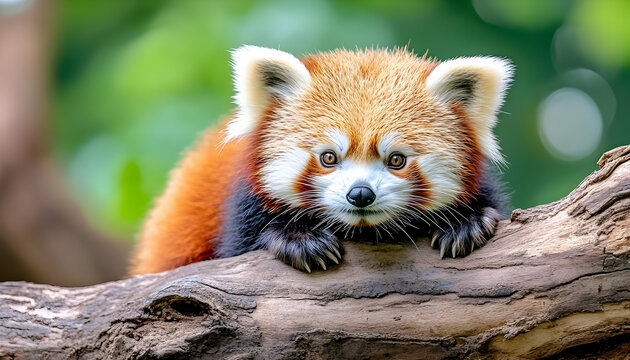 Cute red panda cub on a tree branch