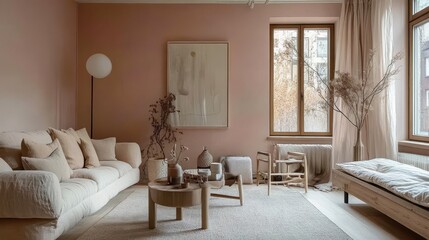 A cozy living room with elegant furniture and soft decor
