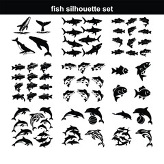 Silhouette fish animal set, guess black shape of animal. Seafood meal, edible. Game for child. Fish icon set Set of salmon silhouette in line art style.Fish vector by hand drawing.Fish tattoo  fish si